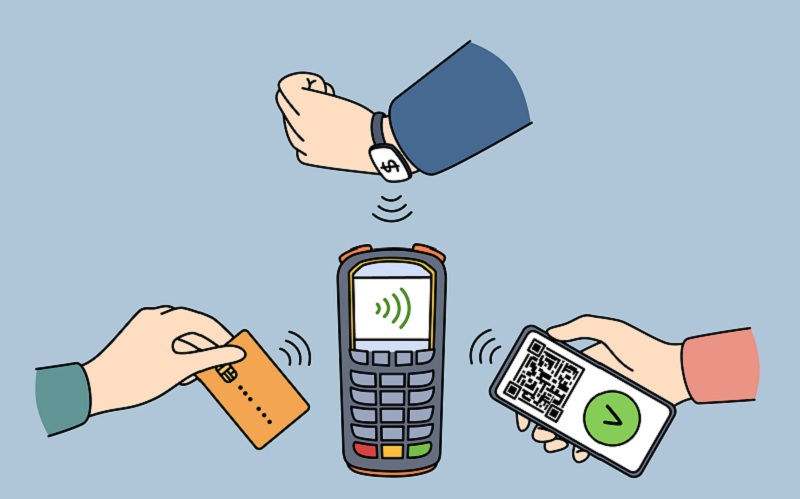 Pagamento eletrônico sem contato e conceito de tecnologias simulando o pagamento por aproximação com cartão, pulseira e relógio